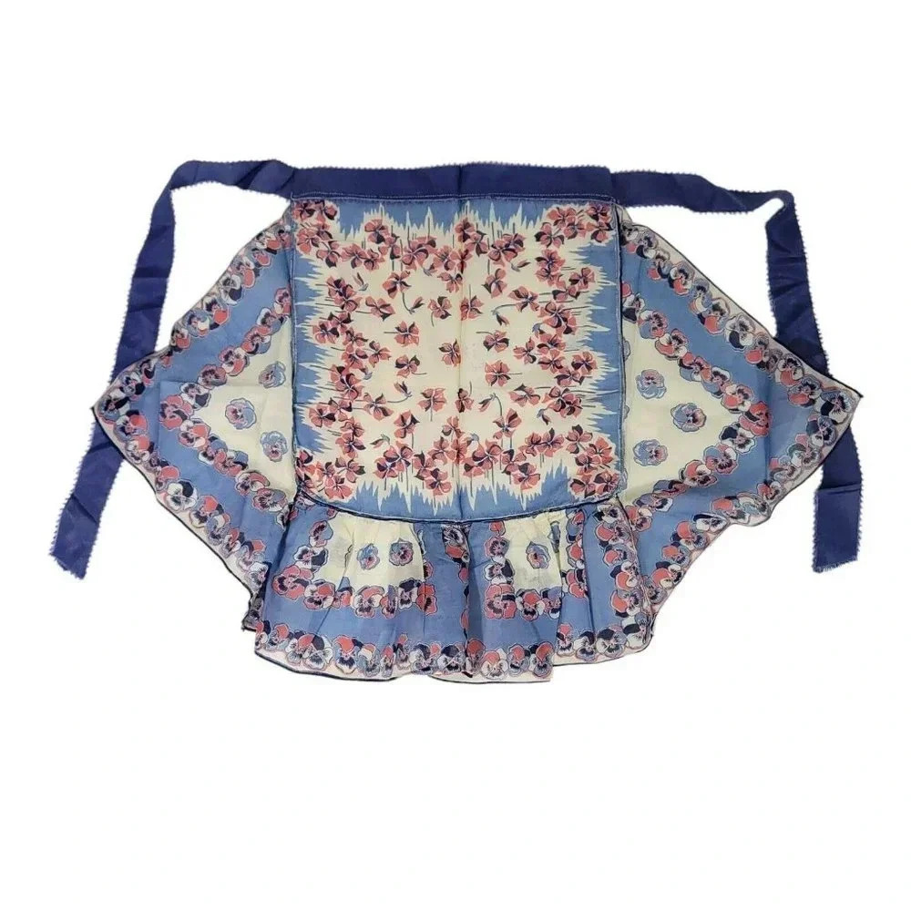Dainty Mid Century Pink Blue Floral Vintage Apron Sheer 20" length Small/Medium